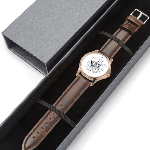 Classic Leather Quartz Watch Compas Design