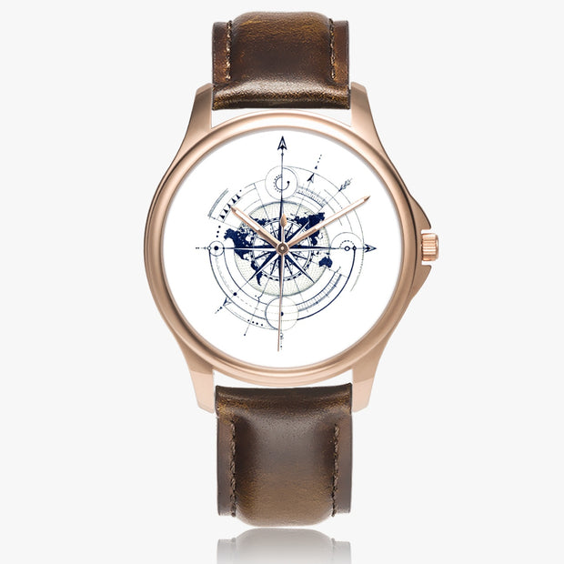 Classic Leather Quartz Watch Compas Design