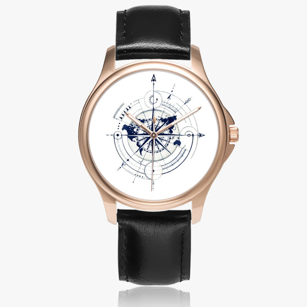 Classic Leather Quartz Watch Compas Design