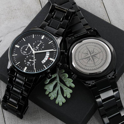 Engraved Design Black Chronograph Men Watch - Compass Design