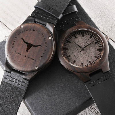 Engraved Men Watch Wooden Bull Design